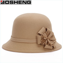 Women Wool Bowler Cloche Felt Bucket Hat with Flower